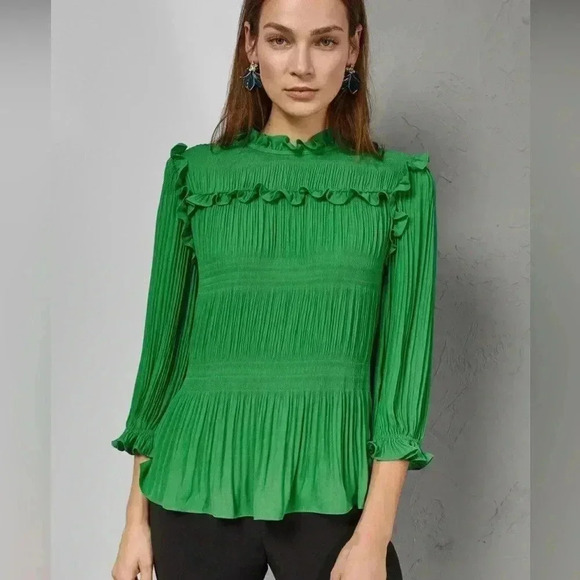 TED BAKER LONDON Ruffle long sleeve green pleat high neck top size 4 (8-10 M-L) - Picture 1 of 10